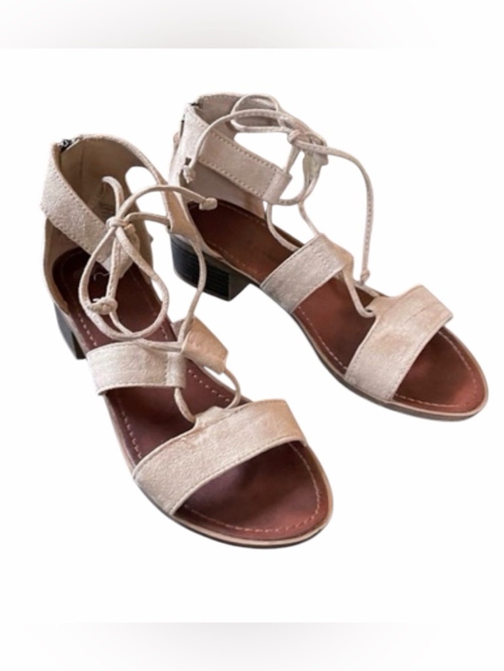 Rock & Candy Light Beige Lace-Up Block Heel Sandals